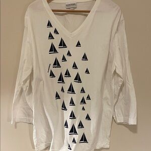 Marushka White V-Neck Long Sleeve Tee with Navy Sailboat Print